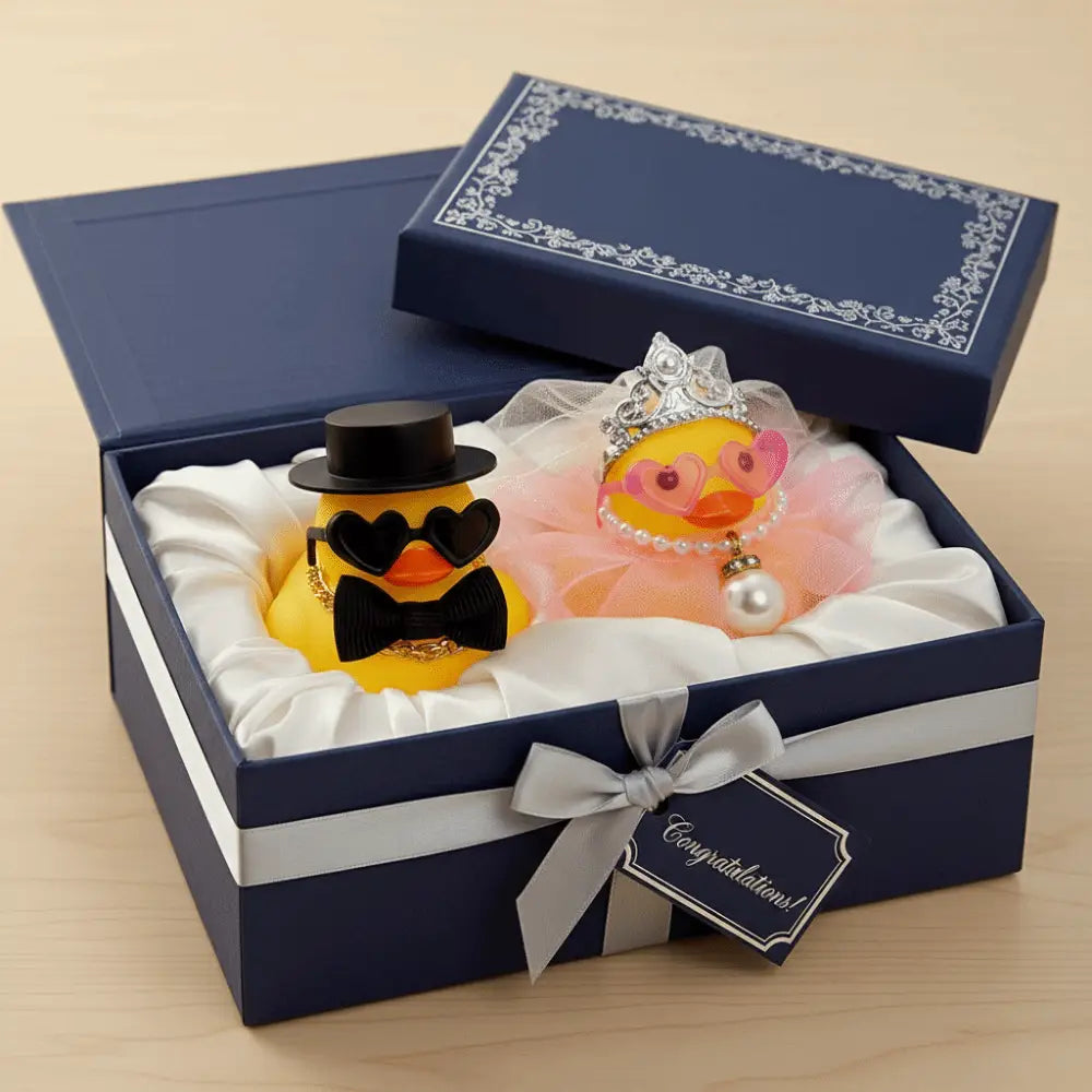 conjunto de adorno de pareja de patitos de goma para boda con patitos de goma amarillos vestidos como novio con sombrero de copa negro y pajarita, y la novia con vestido de tul rosa, diadema y collar de perlas.
