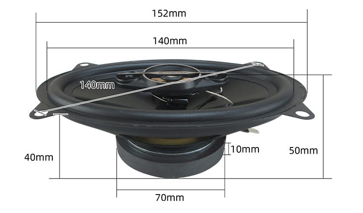 Schwarzer oval geformter 4x6-Autolautsprecher mit 500-W-Koaxialaudio und 140-mm-Durchmesser mit detaillierten Maßangaben.