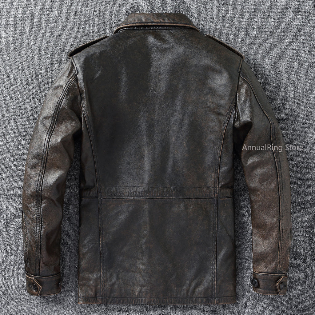 Classic M43 Trench Coat Cowhide Military Genuine Leather Jacket Medium and Long Multi-pocket Mens Vintage Leather Jacket