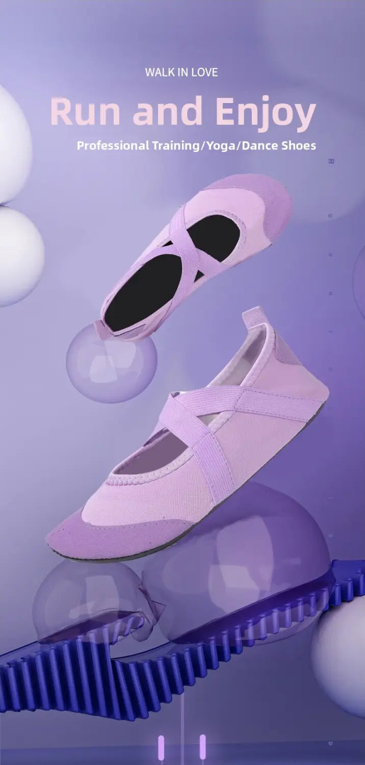 Light purple women’s yoga shoes with black accents featuring anti-slip soles and a sleek minimalist ballet flat design for fitness activities.