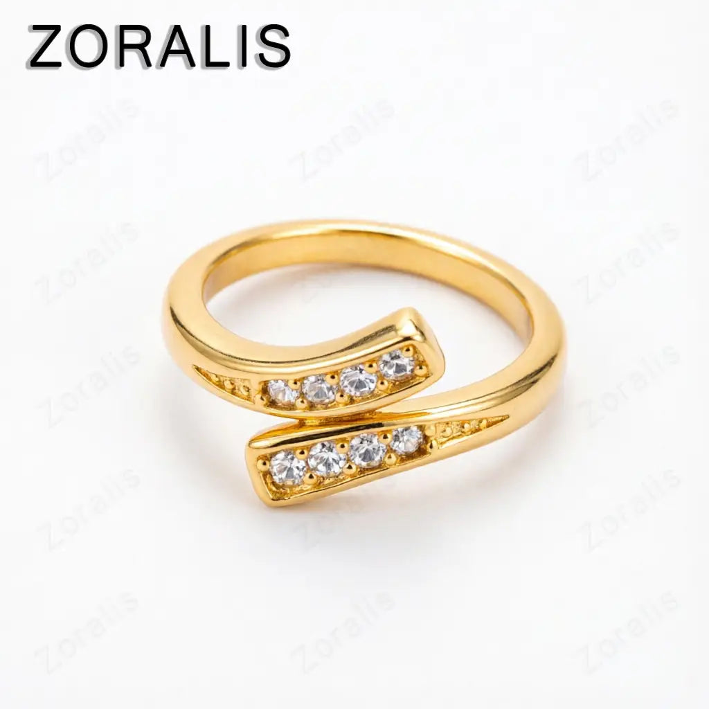 Verstellbarer Zirkonring aus 18k Gold für Damen mit modernem offenem Design und zwei sich kreuzenden goldfarbenen Bändern, die jeweils mit fünf klaren kubischen Zirkonia-Steinen verziert sind.