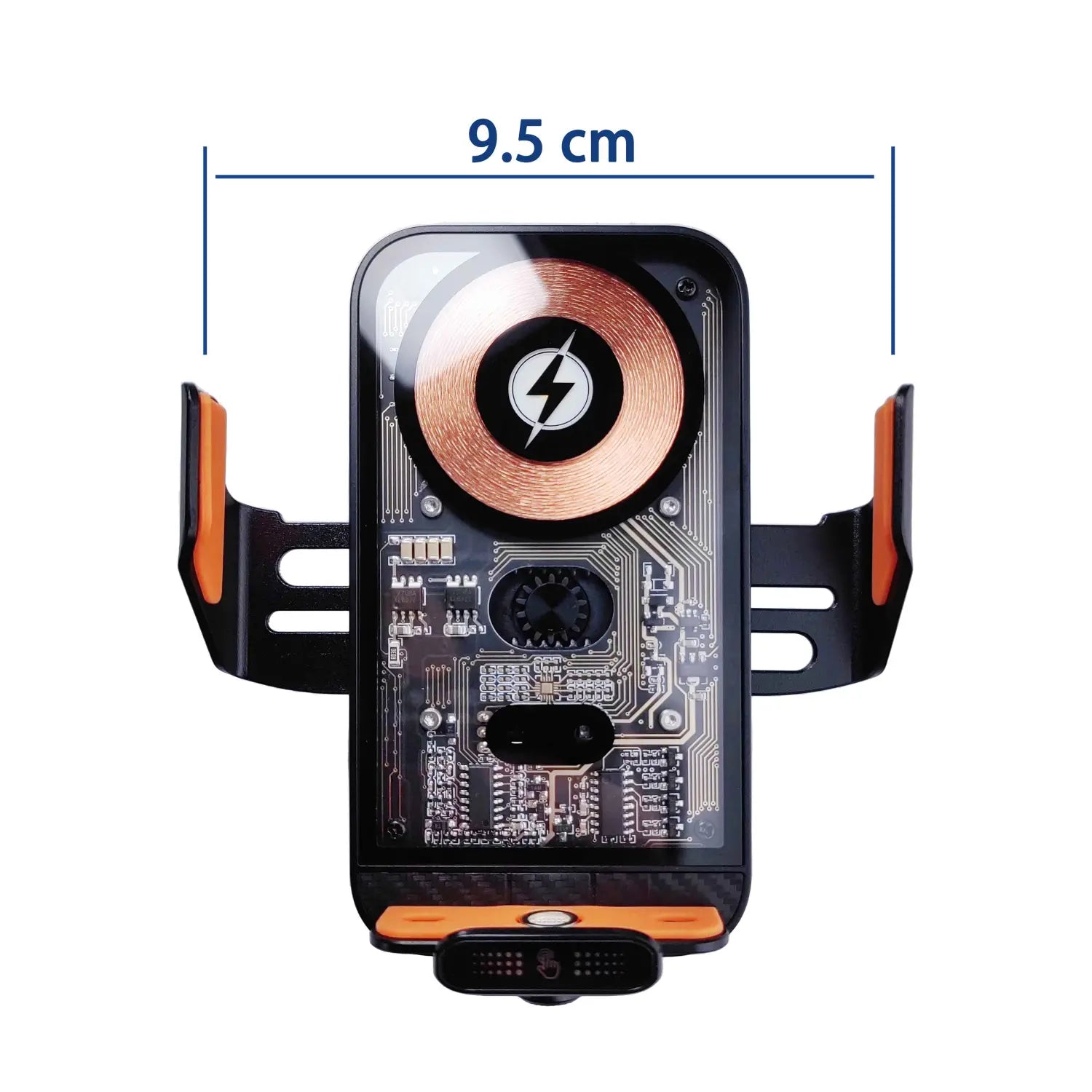 black and orange wireless charger phone holder with infrared auto clamping showing visible copper coil and circuit board design for wireless charging use