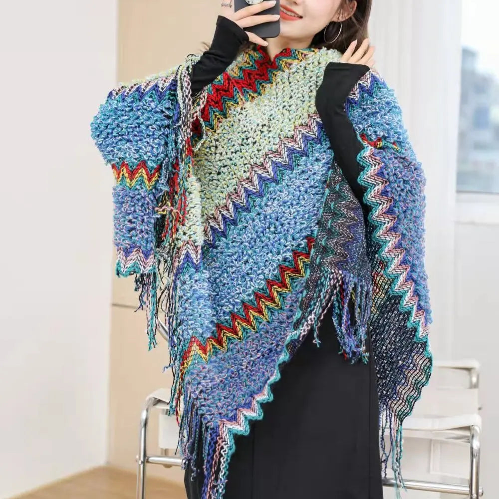 Ethnic Style Cape Oversized Sweater Jacket Women Fashion New Loose Patchwork Warm Long Scarf Knitted Cardigan Woman