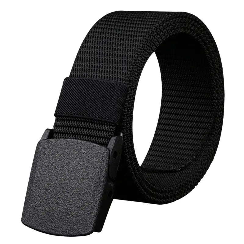 Black tactical canvas belt with lightweight automatic matte black textured buckle for men.