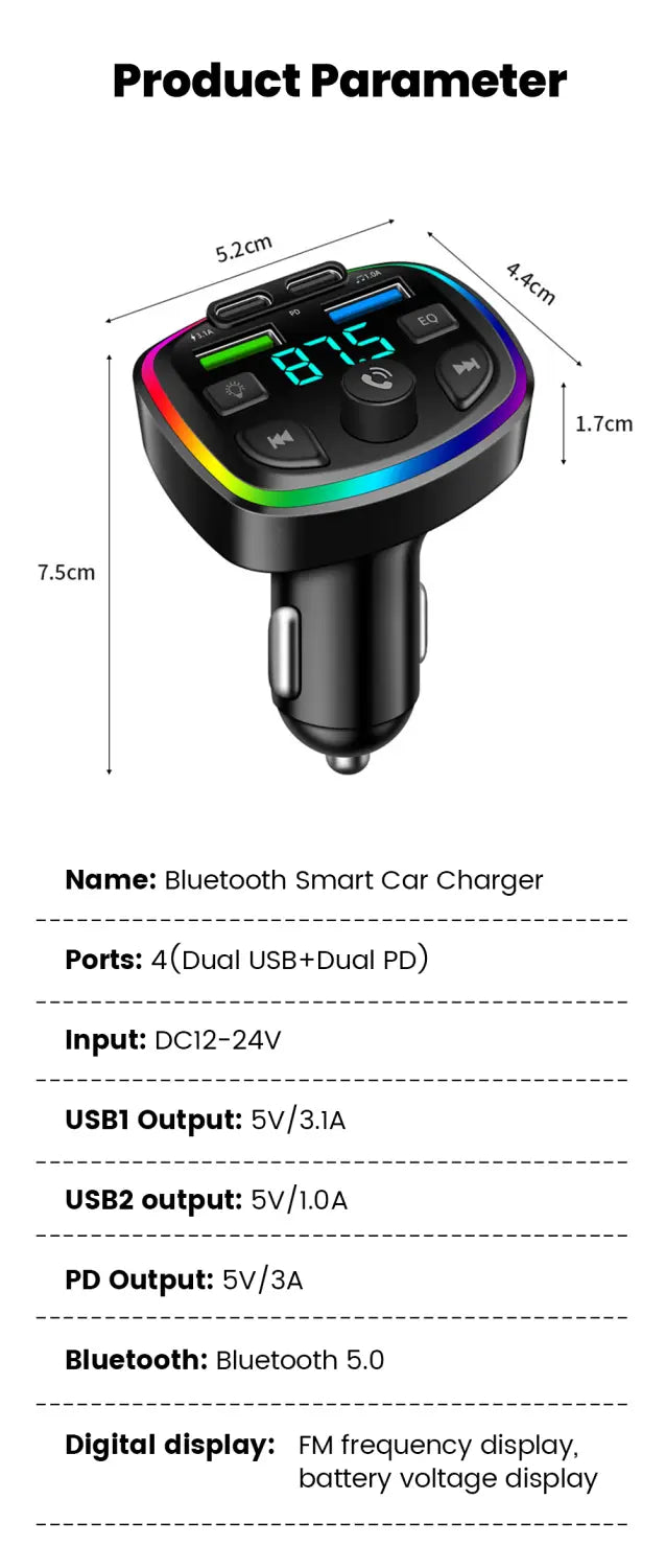 Black bluetooth fm transmitter car charger with dual usb ports and colorful rgb led display for smart car charging and audio streaming