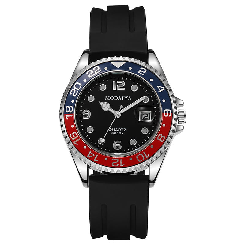 Quartz sport watch black dial rubber strap featuring a black dial with silver hands and markers, red and blue bezel, and black rubber strap by modaiya brand quartz.