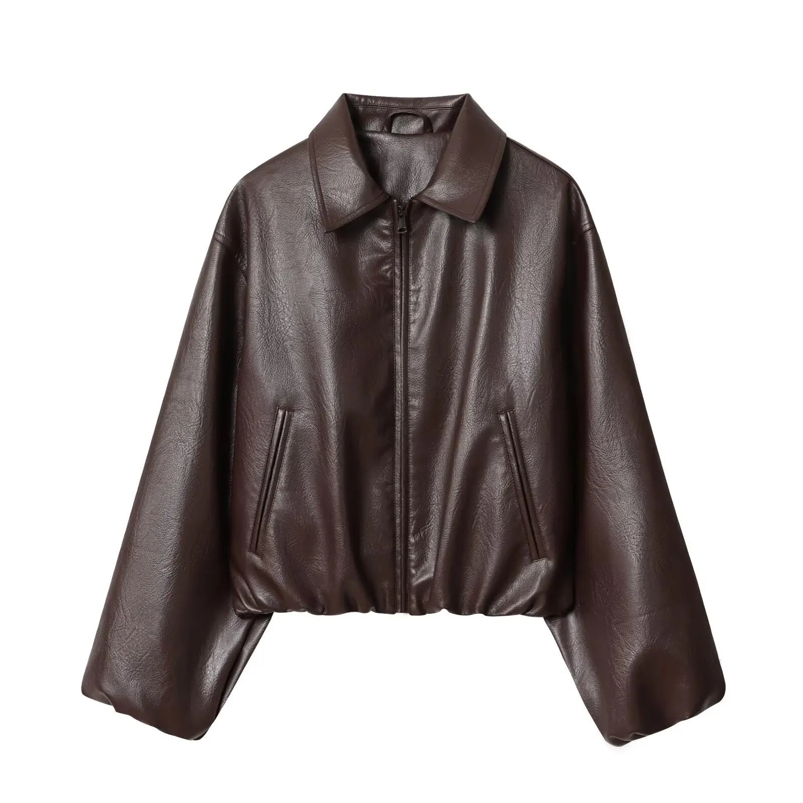 Eine dunkelbraune Damen-Faux-Leder-Bomberjacke mit klassischem Kragen und Frontreißverschluss aus PU-Material.