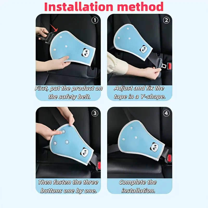 cubierta para cinturón de seguridad infantil de silicona de color azul claro y almohada de soporte para el cuello con temática de panda, fabricadas en material de silicona suave, con tres cierres ajustables mediante botones.