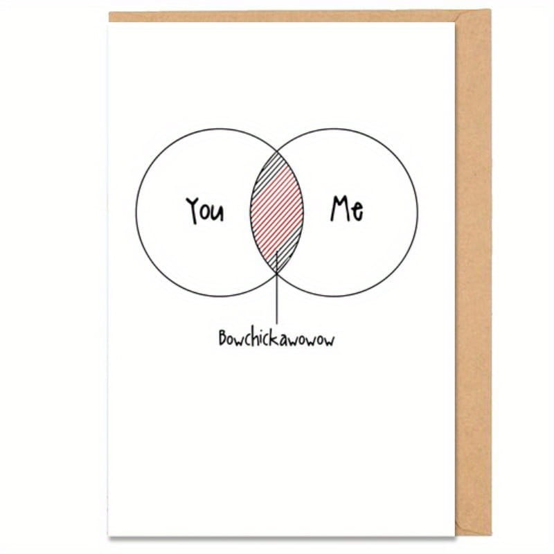 Weiße Grußkarte mit einer handgezeichneten Venn-Diagramm-Skizze mit einem pink schattierten überlappenden Abschnitt, der mit „bowchickawow“ beschriftet ist, gestaltet als lustige Valentinstagskarte für Paare.