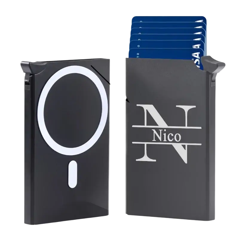 Black personalized magnetic rfid blocking phone card wallet with white engraved name on front and circular charging coil on back