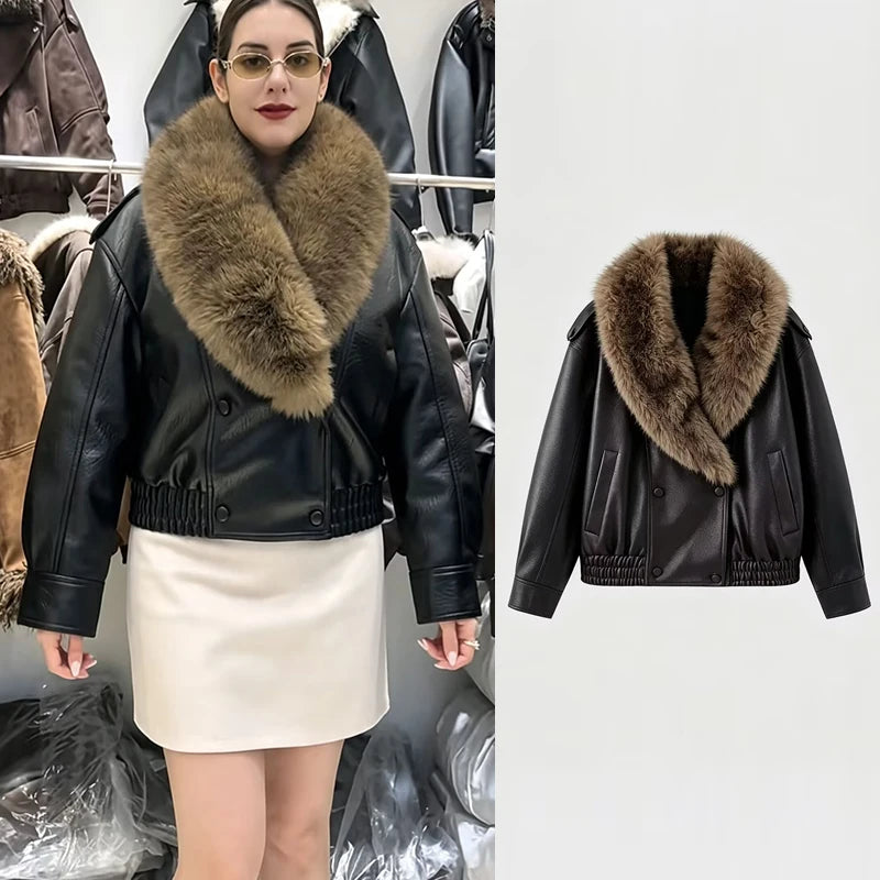 Jackets Winter Women's 2026 New Fashion Fur Collar PU Leather Women's Winter Jacket Chic Youth Unique Street Warm Outerwear Coat