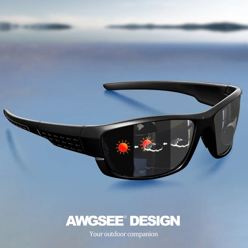 Black awgsee design polarized sports sunglasses uv400 feature dark reflective lenses and textured temple arms for enhanced grip and UV protection.