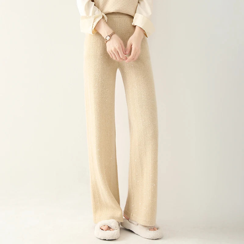 Women Wide-Leg Pants 100% Merino Wool Trousers New Collection High Quality Autumn Winter Soft Thick Female Pants