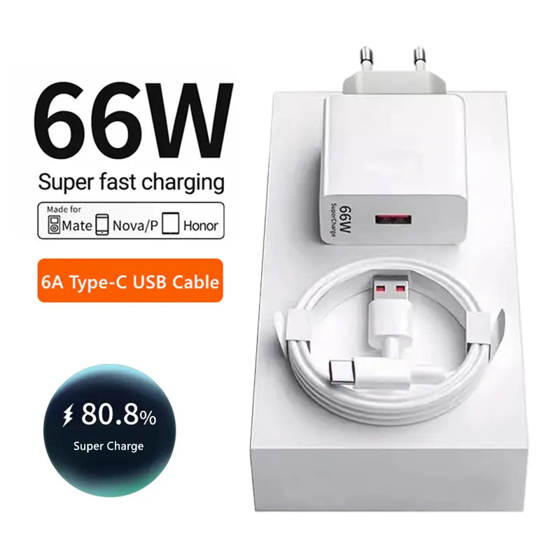 Chargeur mural UE blanc 66 W rapide avec câble de type C et adaptateur mural de charge ultra-rapide avec câble USB de type C blanc torsadé.