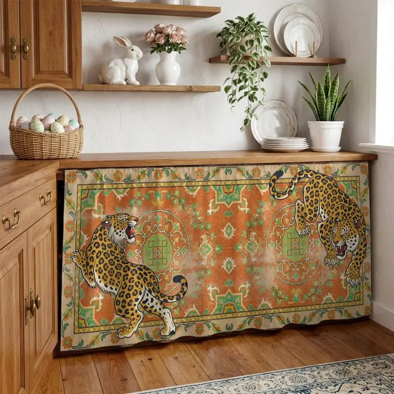 VIKAMA Boho Antique Leopard Pattern Cabinet Curtain Oriental Rug Under Sink Dust Cover Kitchen Counter Decor Short Curtain