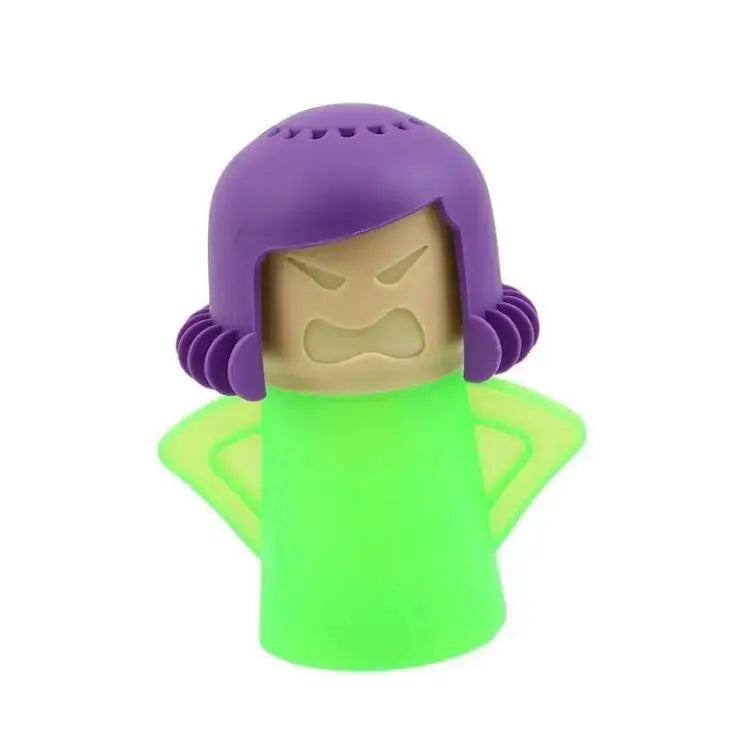 Nettoyant à vapeur pour micro-ondes en silicone violet et vert, en forme de femme en colère, avec un couvercle d’évent à vapeur façonné comme un personnage de dessin animé en colère au visage boudeur.