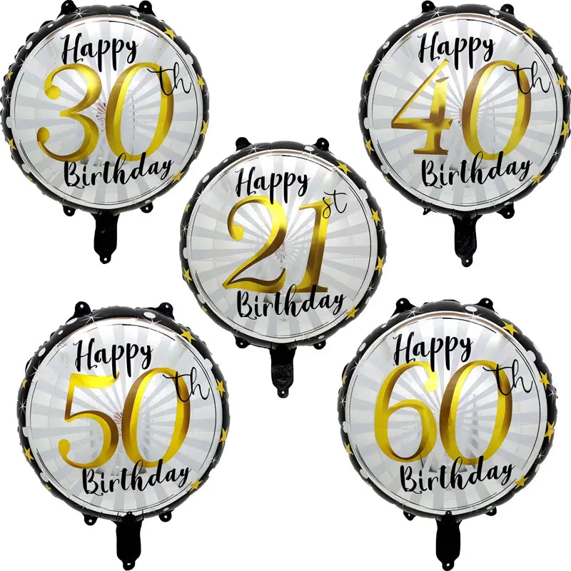 Ensemble de cinq ballons ronds en feuille métallique avec numéros en or et bordures noires, arborant des souhaits joyeux pour les 21e, 30e, 40e et 50e anniversaires, pour les célébrations d’anniversaire marquant.
