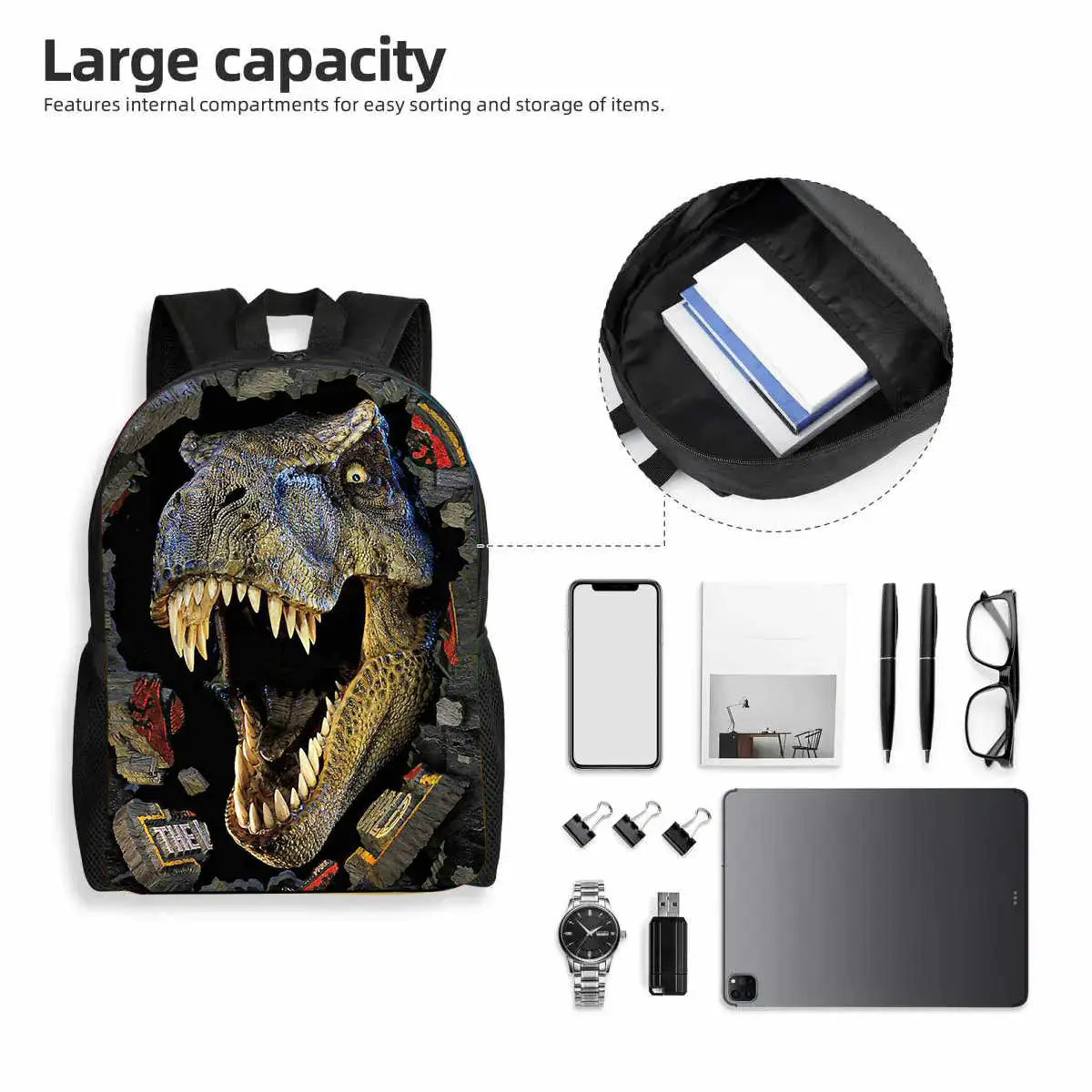 Rucksack für Jungen mit Dinosaurier-, Blitzen-Design in Schwarz, großer Schulrucksack, mit einem 3D-gedruckten Design eines brüllenden T.-Rex mit blauen und grünen Akzenten, das die Oberfläche durchbricht.