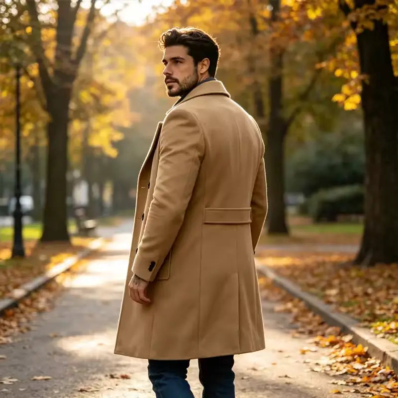 Un manteau long classique camel, à double boutonnage, coupe ajustée slim, en laine mélangée, avec une silhouette structurée et des revers à encoches.