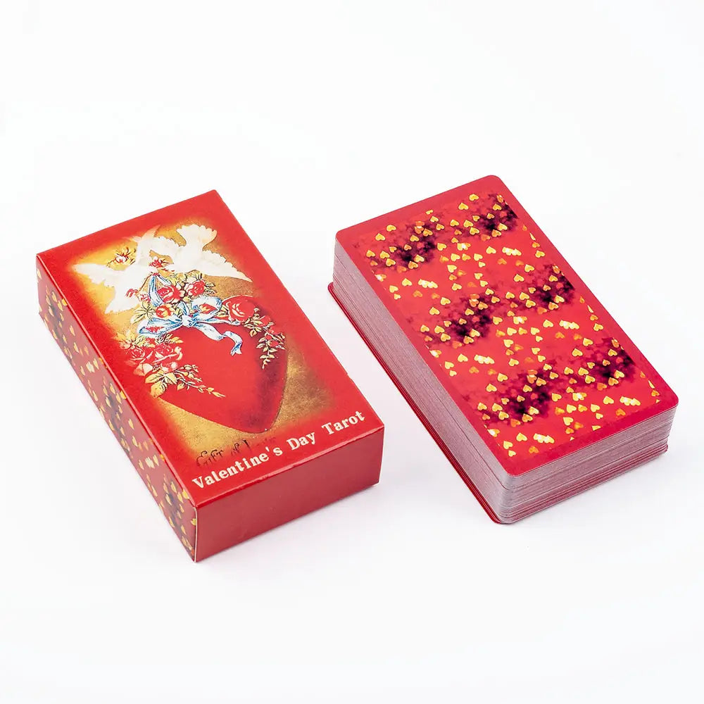 valentine tarot deck love oracle cards featuring a red glossy finish tarot card deck with an illustrated box depicting a heart surrounded by roses and doves