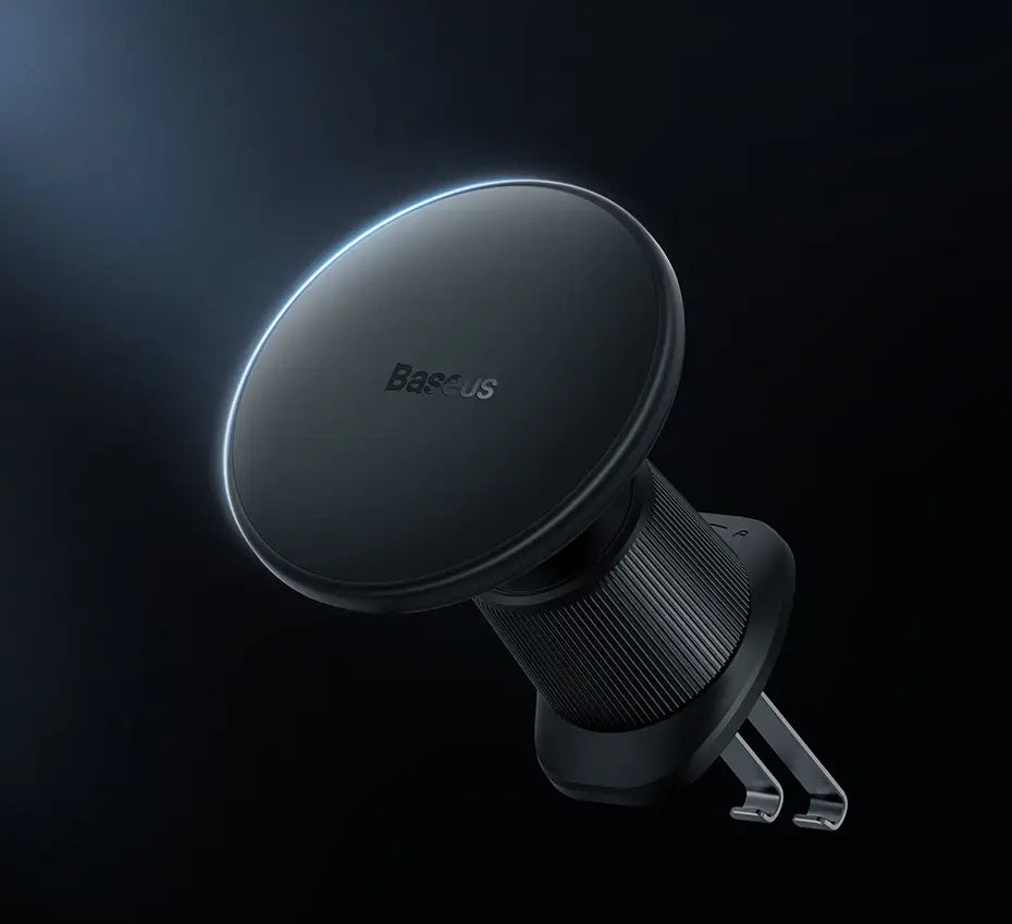 Cargador inalámbrico para coche Baseus magnético negro de 15 W con una parte superior circular elegante y una sección de agarre texturizado, diseñado para carga inalámbrica de 15 W.