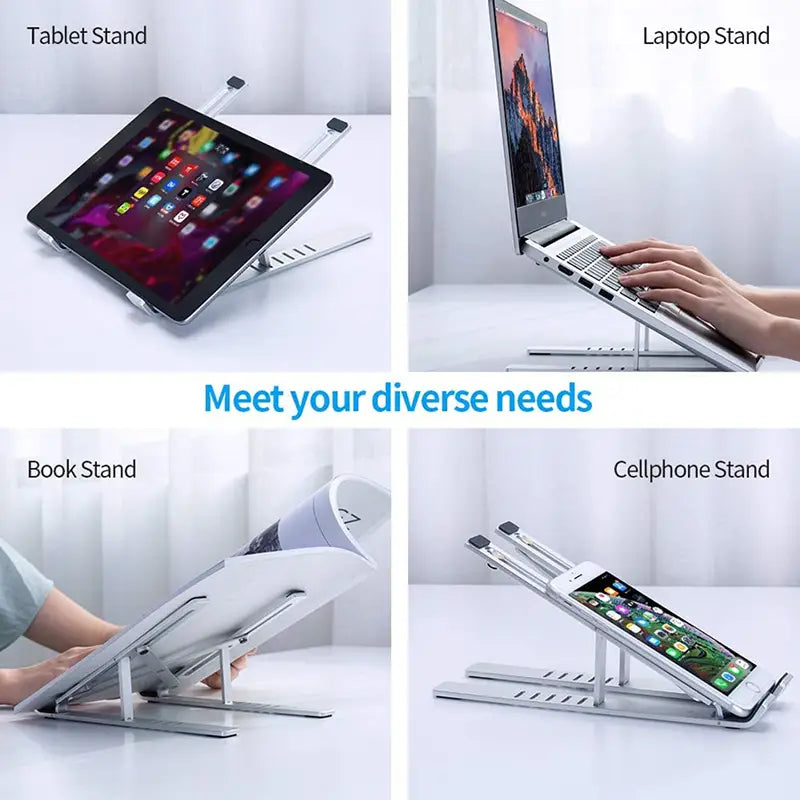 Support ajustable en aluminium argenté, en aluminium, destiné aux tablettes, ordinateurs portables, livres et téléphones portables, présenté du côté arrière, avec conception pliable.