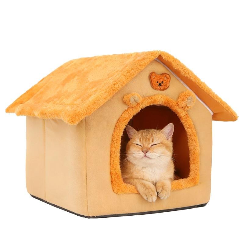 Soft plush warm orange pet bed 33x32x30cm cat cave with fuzzy roof and bear-themed trim for comfortable cat resting