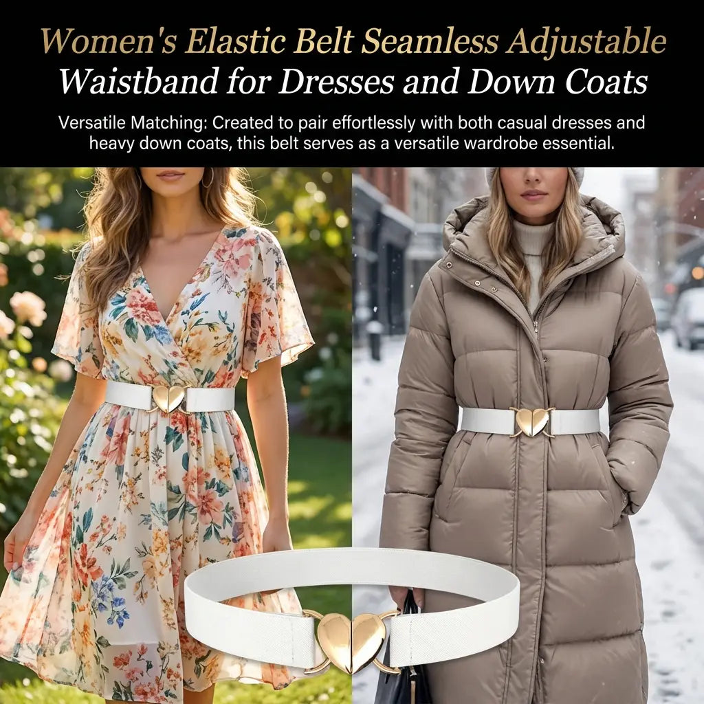 Ceinture élastique blanche pour femmes avec boucle en forme de cœur à finition ton or.
