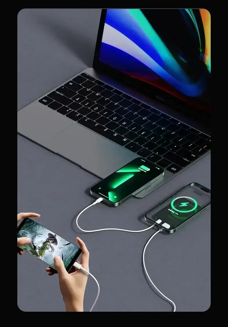 カラフルな画面と黒いキーボードを備えたブラックノートパソコンが、モバイルバッテリー磁気式ワイヤレス急速充電(50000mAh)と並べて表示されており、手軽な急速充電およびモバイルバッテリーの使用に便利です。