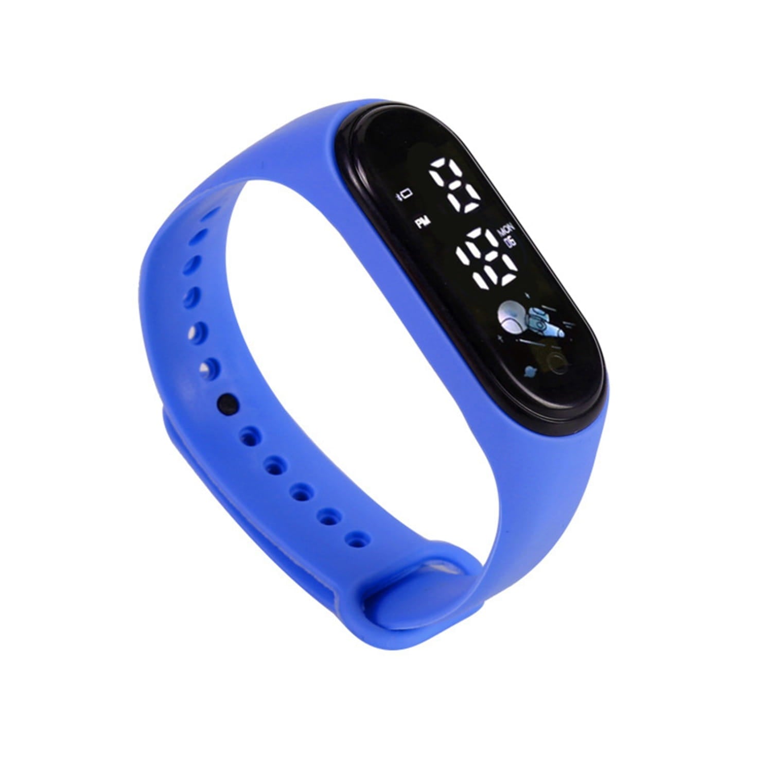 Blue silicone kids digital led sports watch with a black digital display showing time and date.