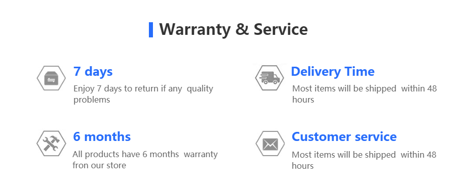 The image shows a clean warranty and service information page with four sections in blue text on a white background for a men sleeveless zip hoodie gym tank top activewear.