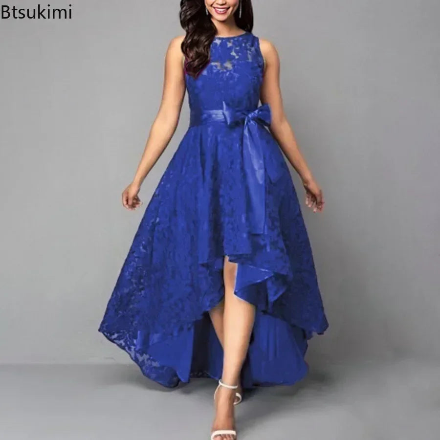 2026 Women's Wedding Bridesmaid Dress Elegant Lace Evening Sweet Party Dress Plus Size Slim High Waist Bow Maxi Dresses Female