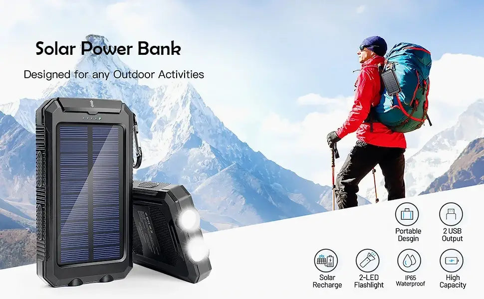 black rugged solar power bank 20000mah portable charger with integrated led flashlight and usb ports designed for outdoor use