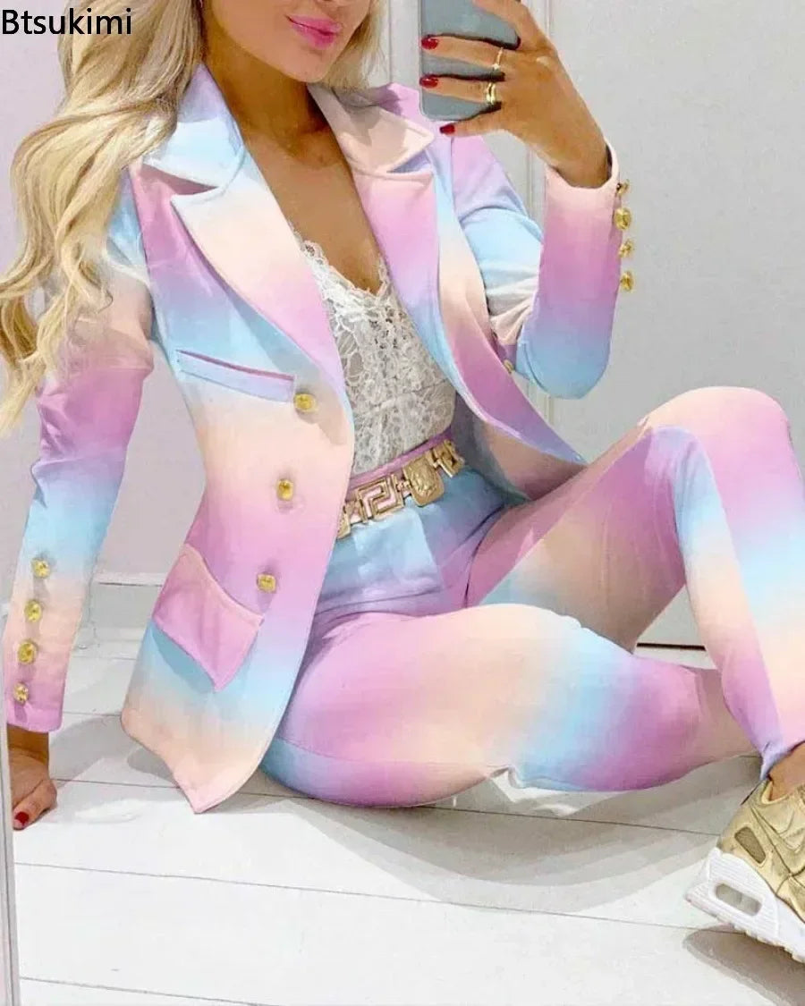 2026 Women Formal Jacket & Trousers Office Lady Outfits Autumn Women Two Pieces Set Print Blazer Coat & Pants Suit Sets Female