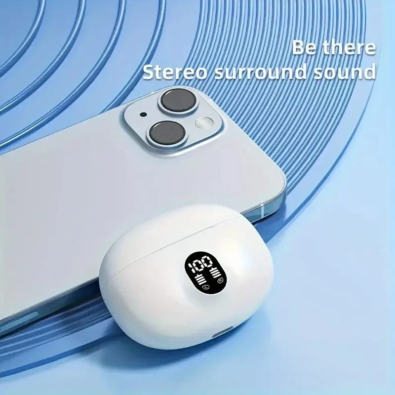 White wireless bluetooth earbuds sport headphones charging case with led display showing battery level and connectivity status.