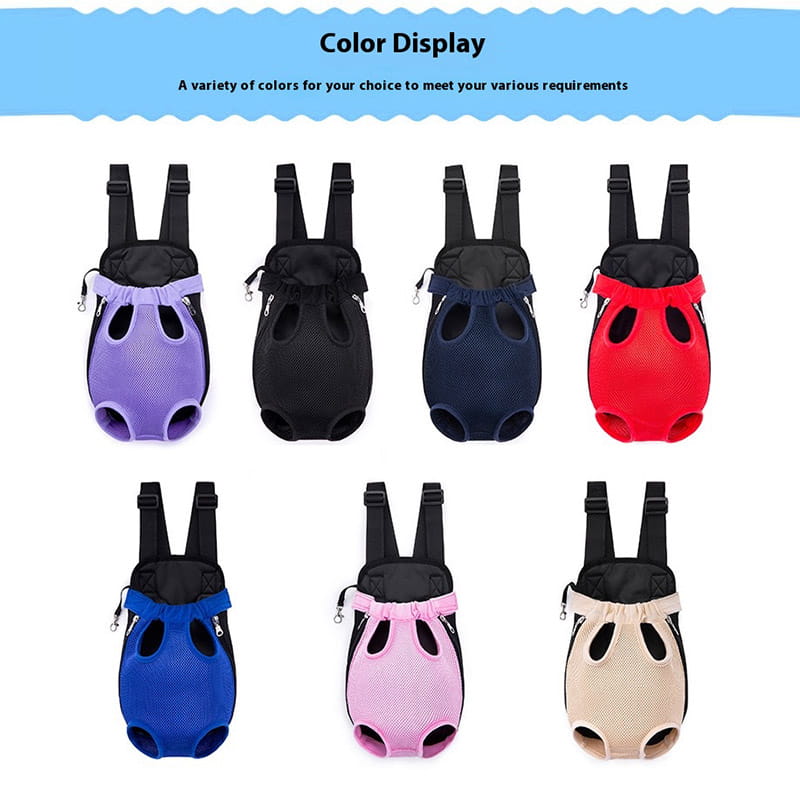 mochila transportadora para perro con correas ajustables y panel frontal de malla, disponible en colores vivos como morado, negro, azul marino, rojo, azul real, rosa y beige, para uso en viajes con mascotas pequeñas