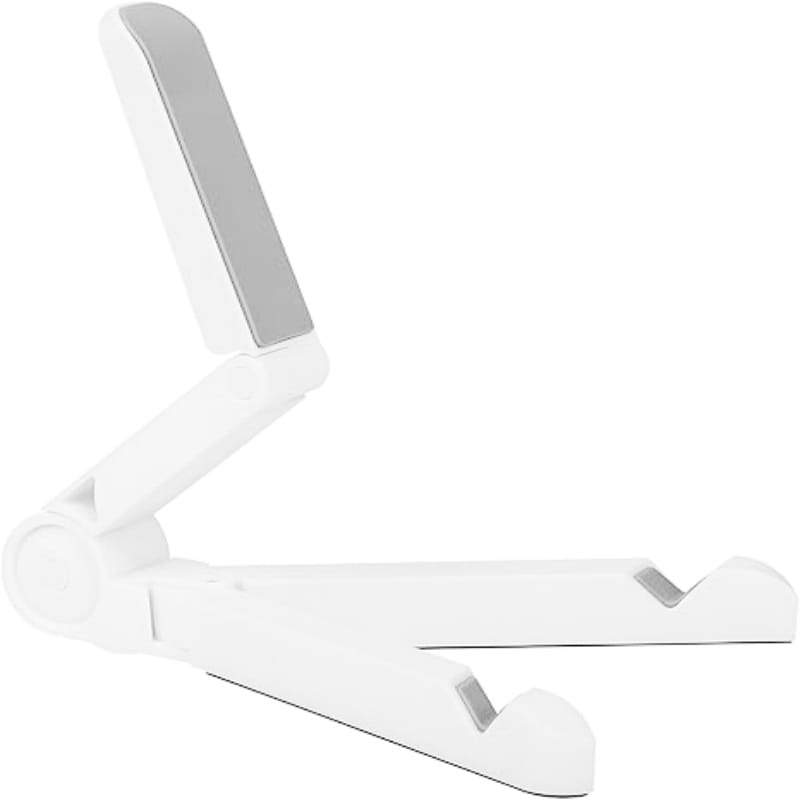 White foldable tablet phone stand with a sleek minimalist design and silver accent panels for adjustable desk use as a portable monitor holder.
