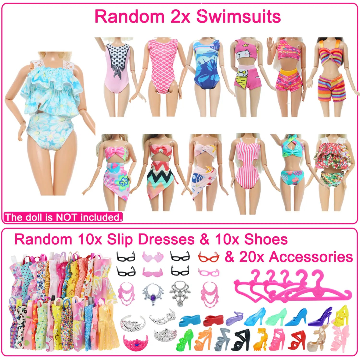 A collection of colorful patterned swimsuits for Barbie dolls from the doll accessories set 50 piece fashion outfit collection.
