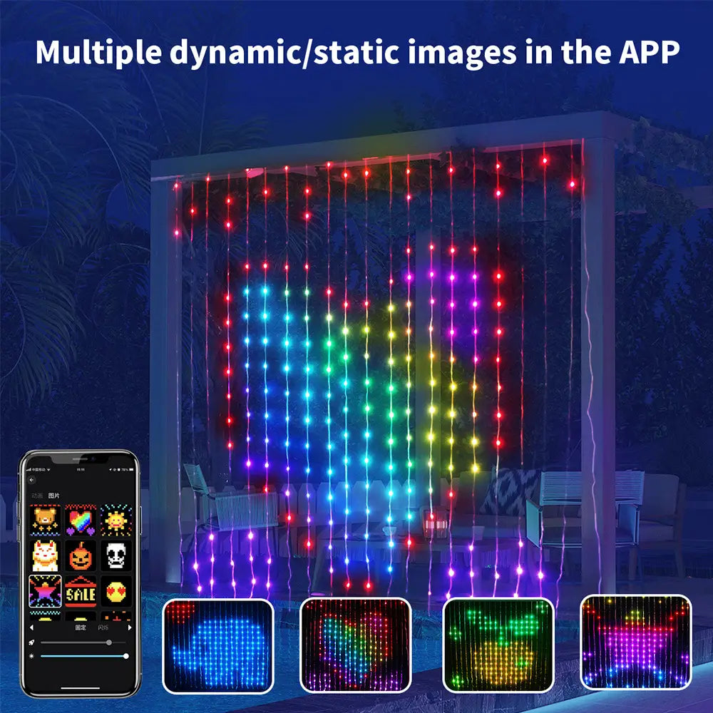 Smartes LED-Vorhanglicht RGB, per App gesteuert, für DIY-Weihnachtsdekoration; mit Regenbogen-LED-Lichtvorhang und anpassbaren digitalen Anzeigen; zertifiziert nach EMV und ROHS und CE