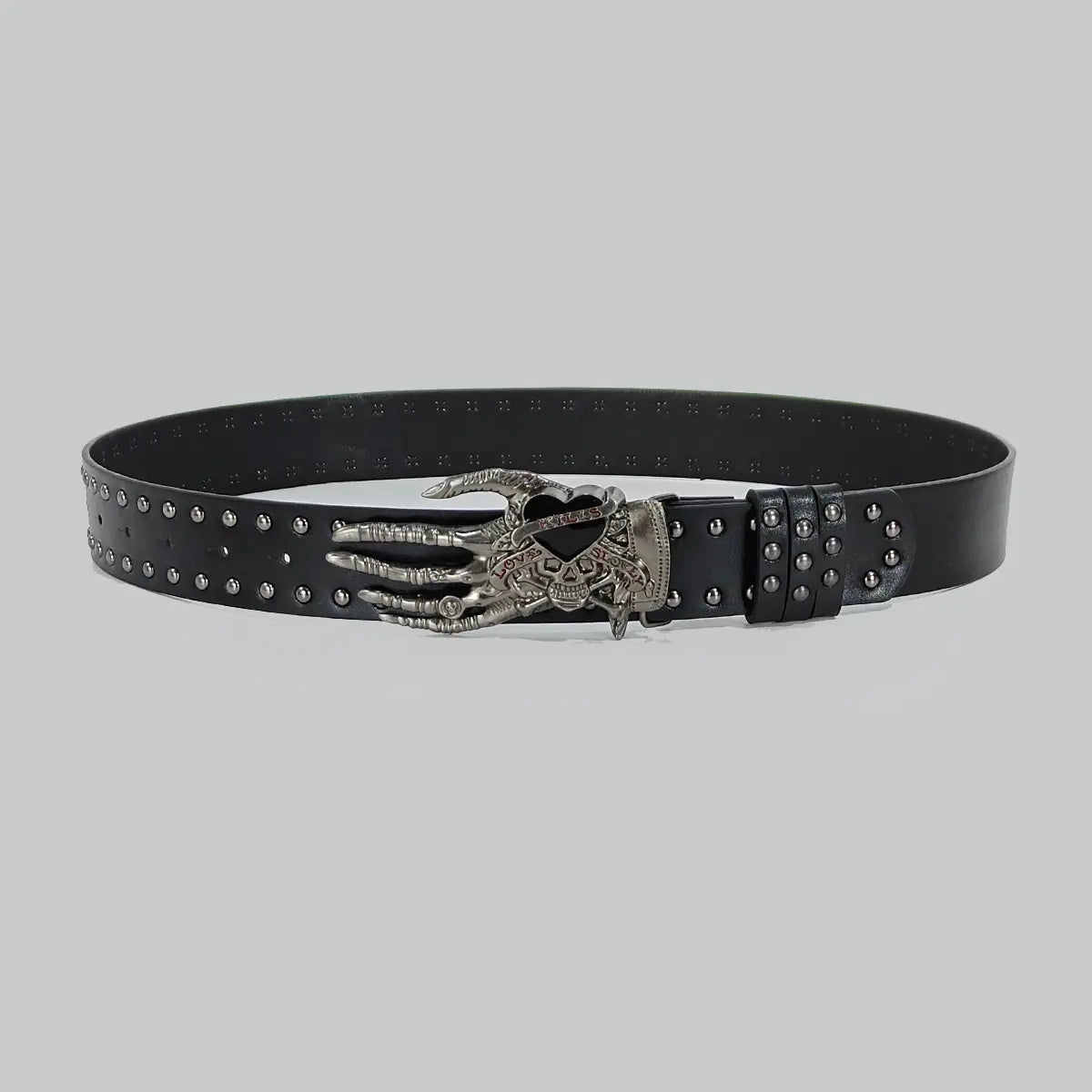 cinturón de cintura negro de cuero en estilo y2k con hebilla de mano de esqueleto en tono plateado y tachuelas con un diseño gótico y2k de cruz bohemia elaborado en cuero sintético tipo pu