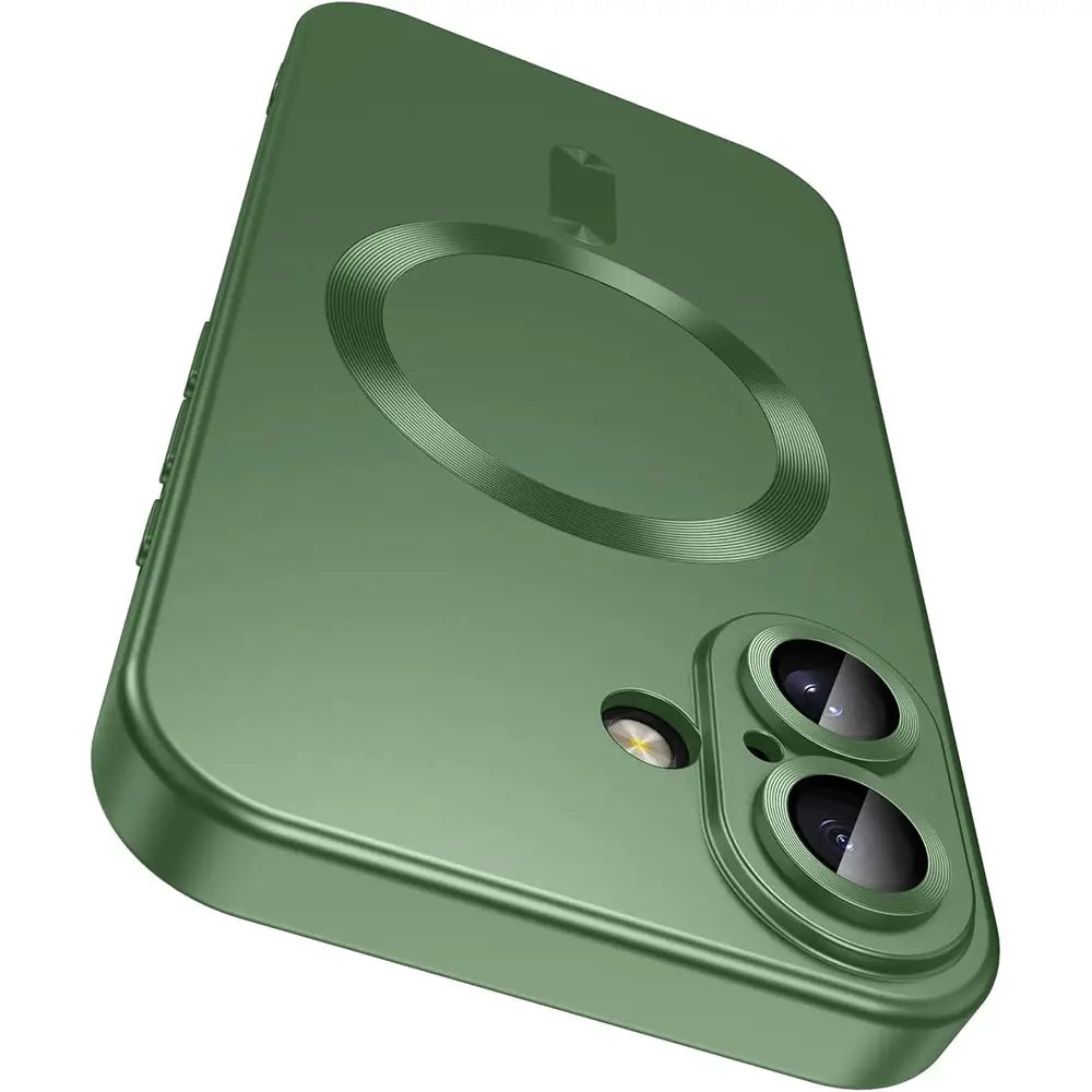 Étui de téléphone en silicone magnétique Magsafe vert olive pour iPhone, présenté de dos, avec un coussinet de chargement circulaire et une découpe pour double caméra.
