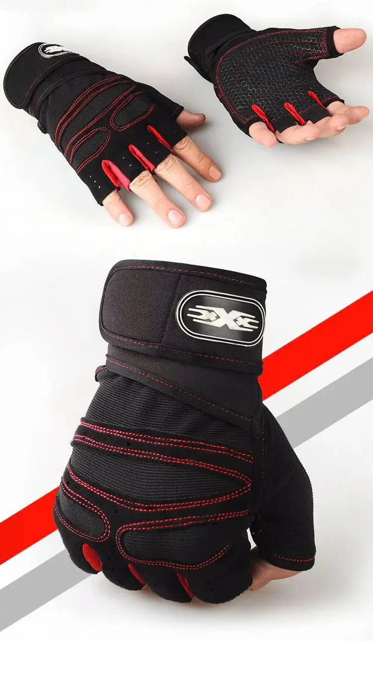 black and red fingerless workout gloves with reinforced padding and branded logo on the wrist strap shown from the back side provide wrist support and enhanced grip for fitness activities.