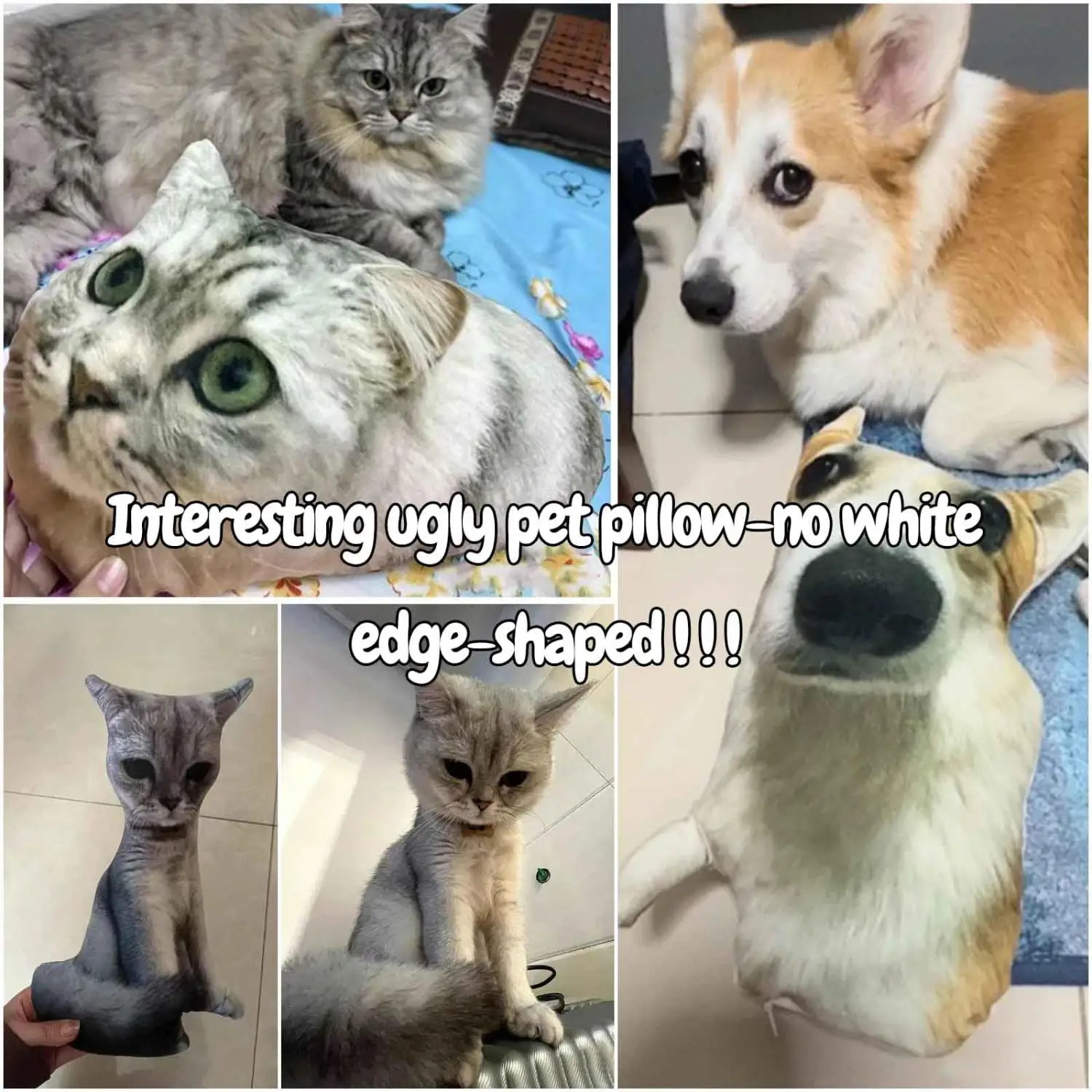 Gray and white cat-shaped custom pet pillow with green eyes and realistic fur texture designed as a personalized dog cat throw pillow.
