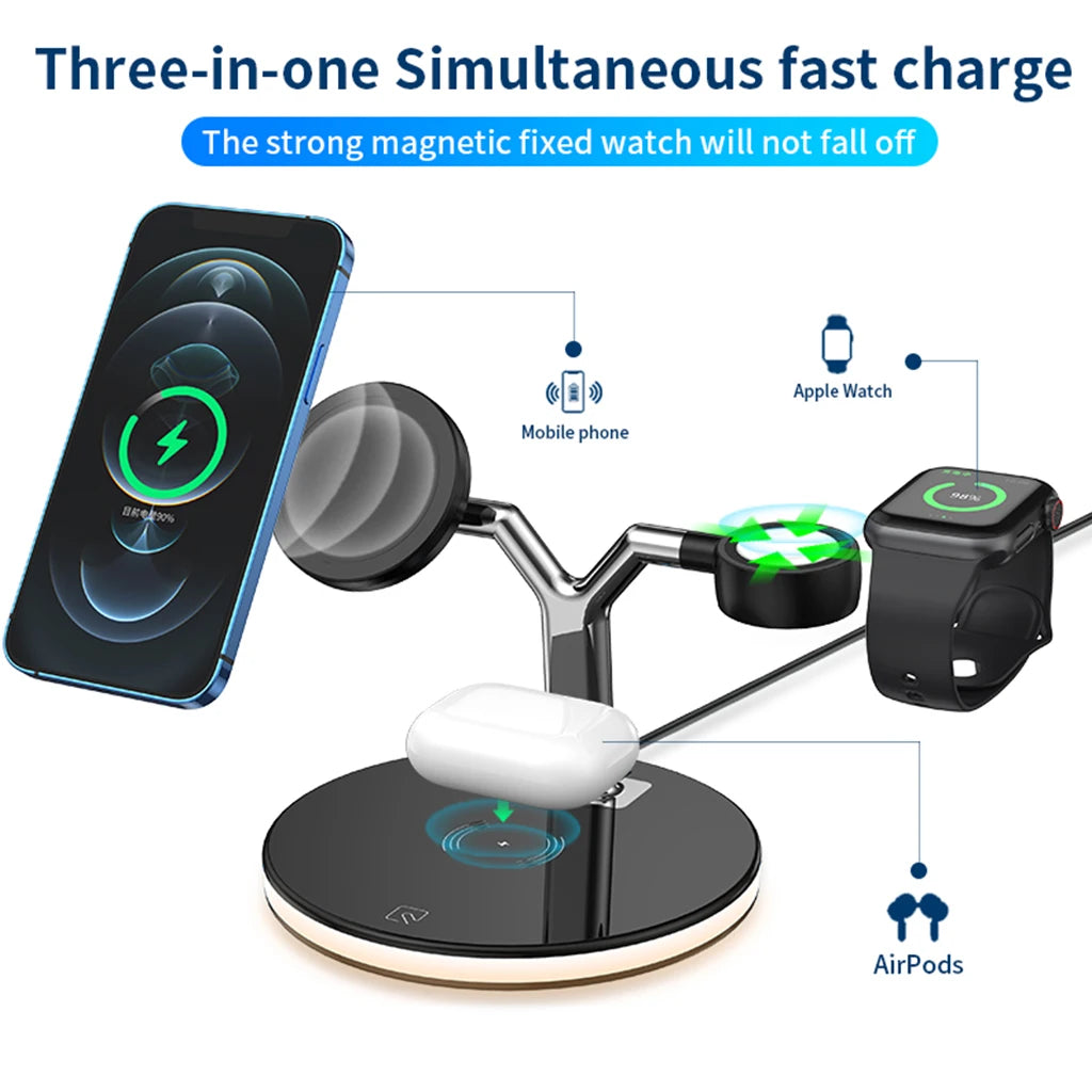 3 In 1 Magnetic Wireless Charger 15W Portable Fast Charging Pad for Phones Watch Earbuds