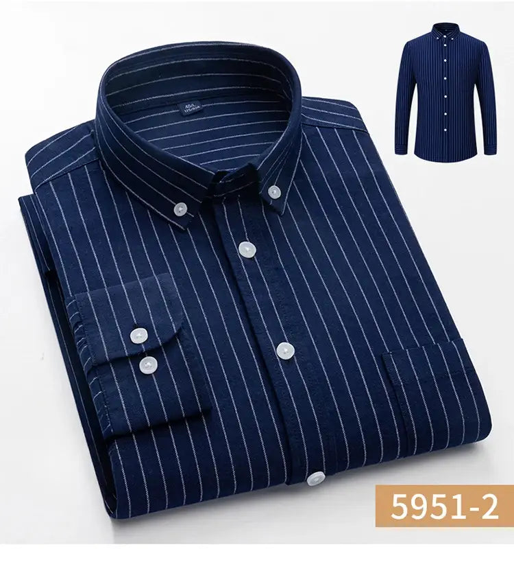 Men’s cotton oxford slim fit navy blue button-down shirt with thin white vertical stripes and matching buttons.