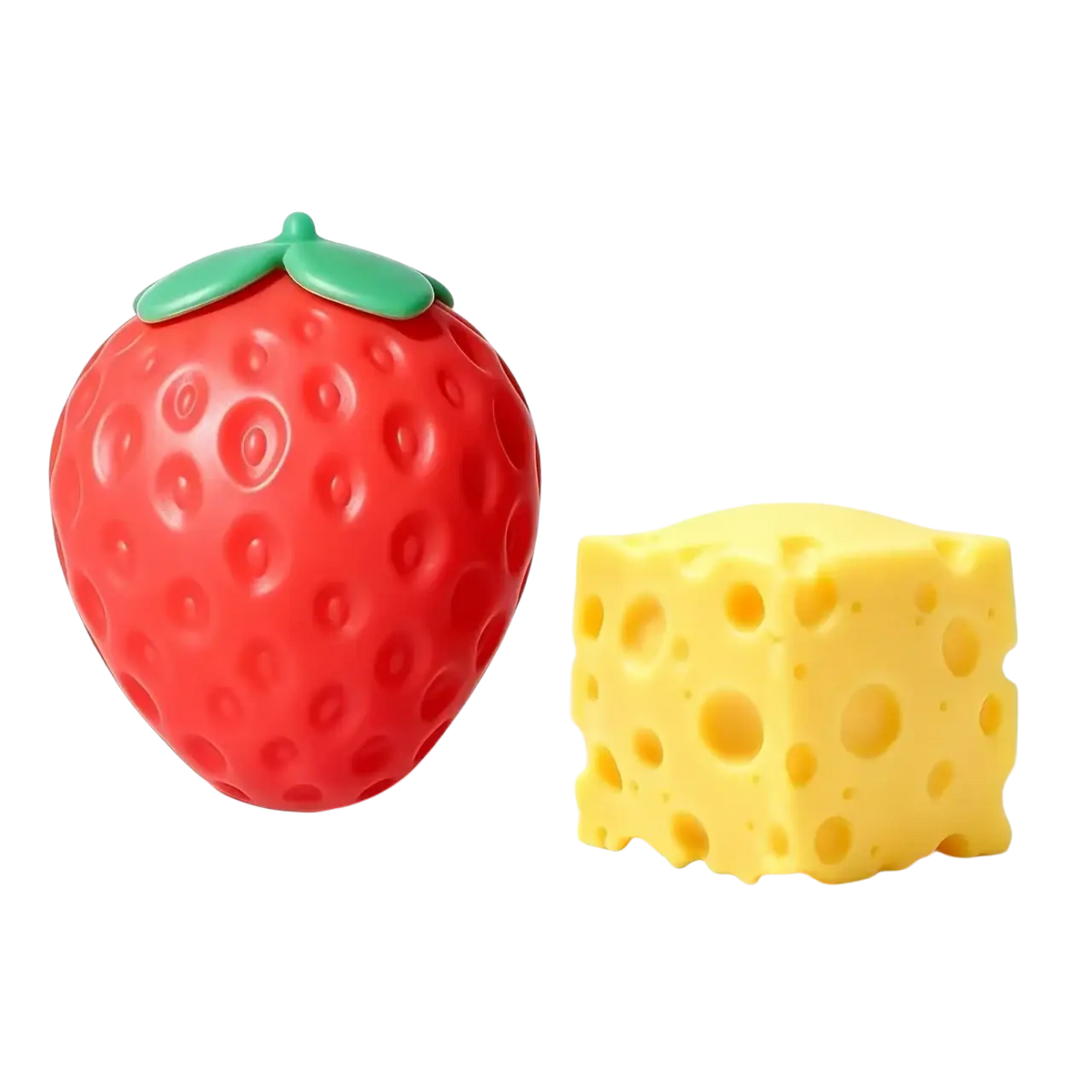 Red strawberry-shaped silicone soap dispenser with green leafy top shown from front angle for sensory fidget use
