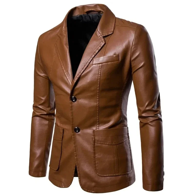 2025 Leather Blazer Man  Spring Autumn Fashion Men's Leather Jacket Dress Suit Coat Male Business Casual Pu Black Blazers Jacket