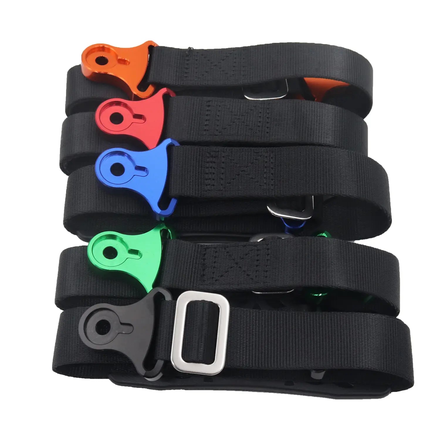 Set aus fünf schwarzen Gurtband-Dirtbike-Abschleppgurten mit farbigen Aluminiumhaken in Orange, Rot, Blau, Grün und Schwarz für Vorder- und Rückholriemen.