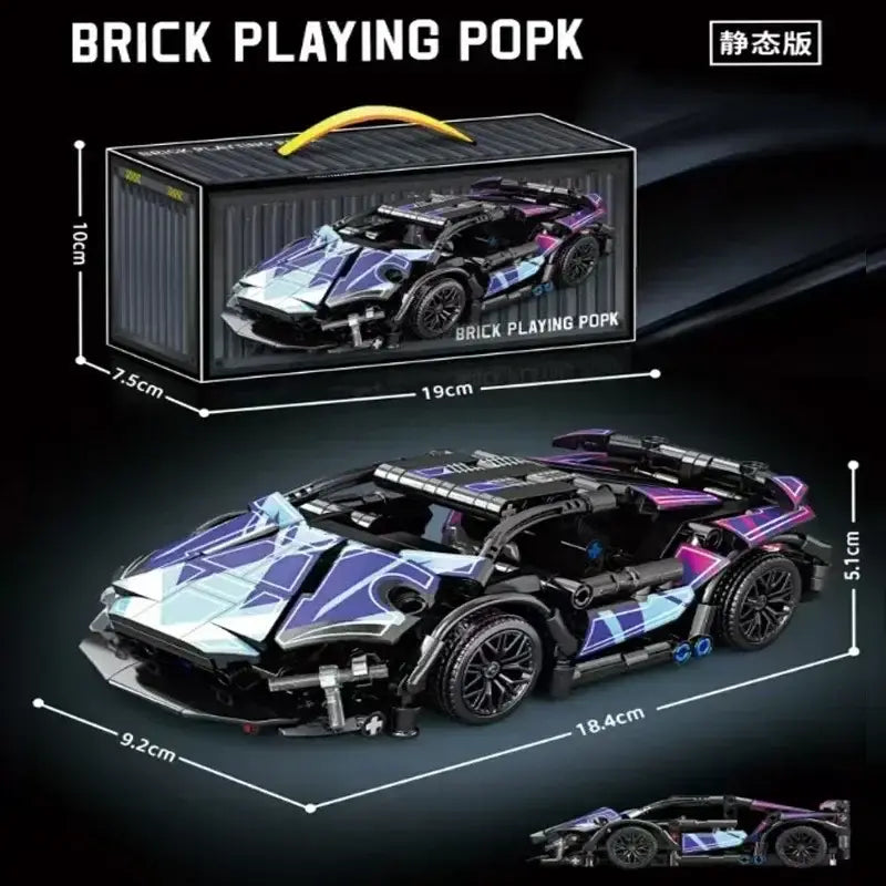 パープルとブラックの幾何学模様が施されたレゴ風レーシング・スピード車両モデルを、大人向けギフトおよび組み立てブロックセットとしてデザイン。