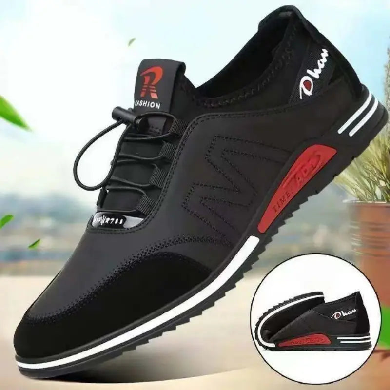 Men casual leather sneaker with black mesh upper, red and white accents, lightweight design, and non slip rubber sole.